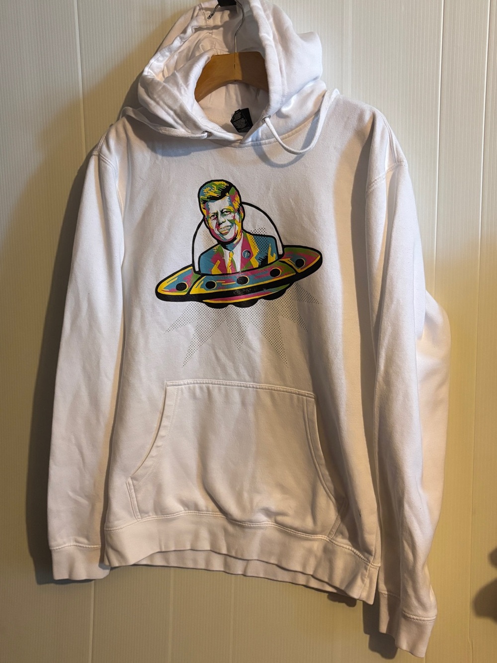 District White Hoodie with Multicolor Pop-Art UFO Portrait - Picture 2 of 5